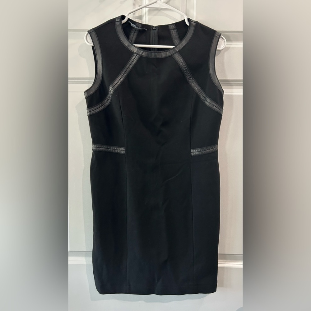 Lafayette 148 Black Short Pencil Dress Leather Trim Gothic Biker Bondage Sz 8 P‎